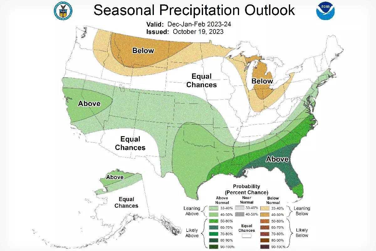 A map of the United States predicting the seasonal precipitation.