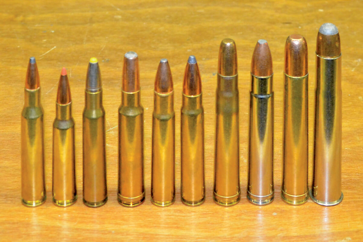 .270 Winchester, 2. 7x57mm Mauser, .30-06, .338 Win. Mag., .35 Whelen, 9.3x62mm Mauser, .375 H&H Mag., .416 Rem. Mag., .450 Watts and .470 Nitro Express