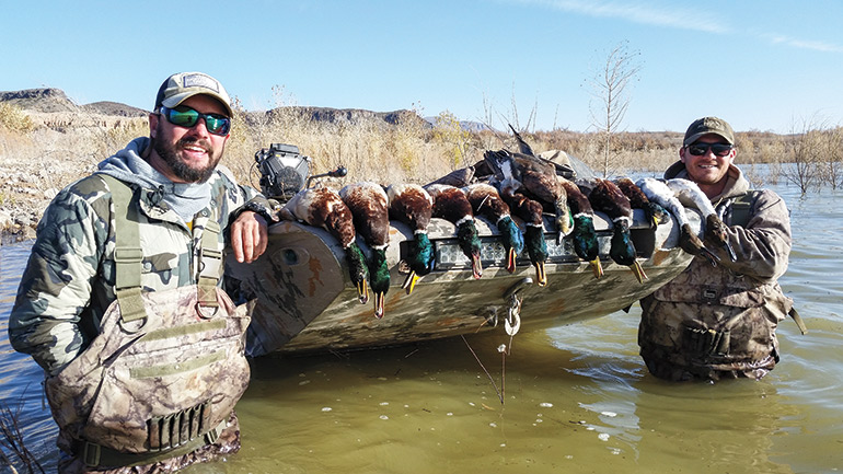 2 hunters with group of mallards